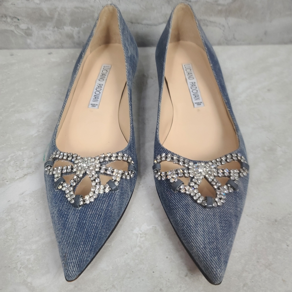 Luciano Padovan Y2k Vibe Denim & Rhinestone Low Heel Slip-On Loafer Flats 37.5